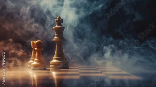Chess board game concept representing business ideas, competition, and strategy, with chess figures on a dark background surrounded by smoke and fog.