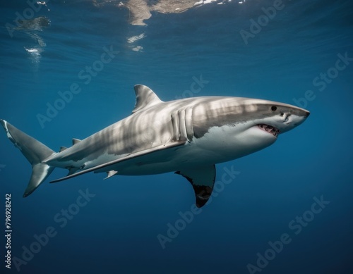 Underwater shot of a solitary shark swimming in the blue ocean with visible teeth and fins. © Liera