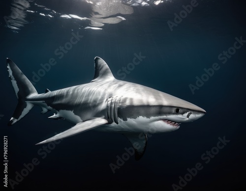 Underwater shot of a solitary shark swimming in the deep blue ocean with sun rays filtering through the surface.