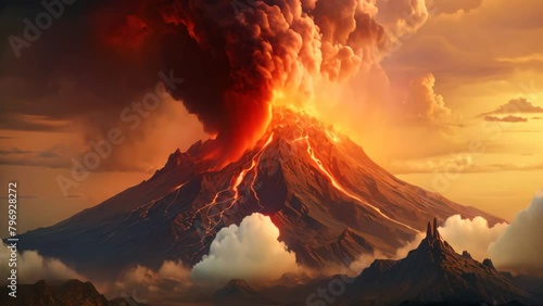 Volcanic eruption in the background of the volcano. 3d rendering, Eruption of the Tolbachik volcano photo