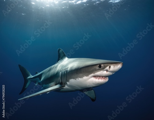 Underwater shot of a solitary shark swimming in the deep blue ocean with sun rays filtering through the surface.