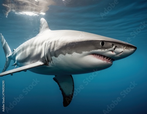 Underwater shot of a solitary shark swimming in the deep blue ocean with sun rays filtering through the surface.