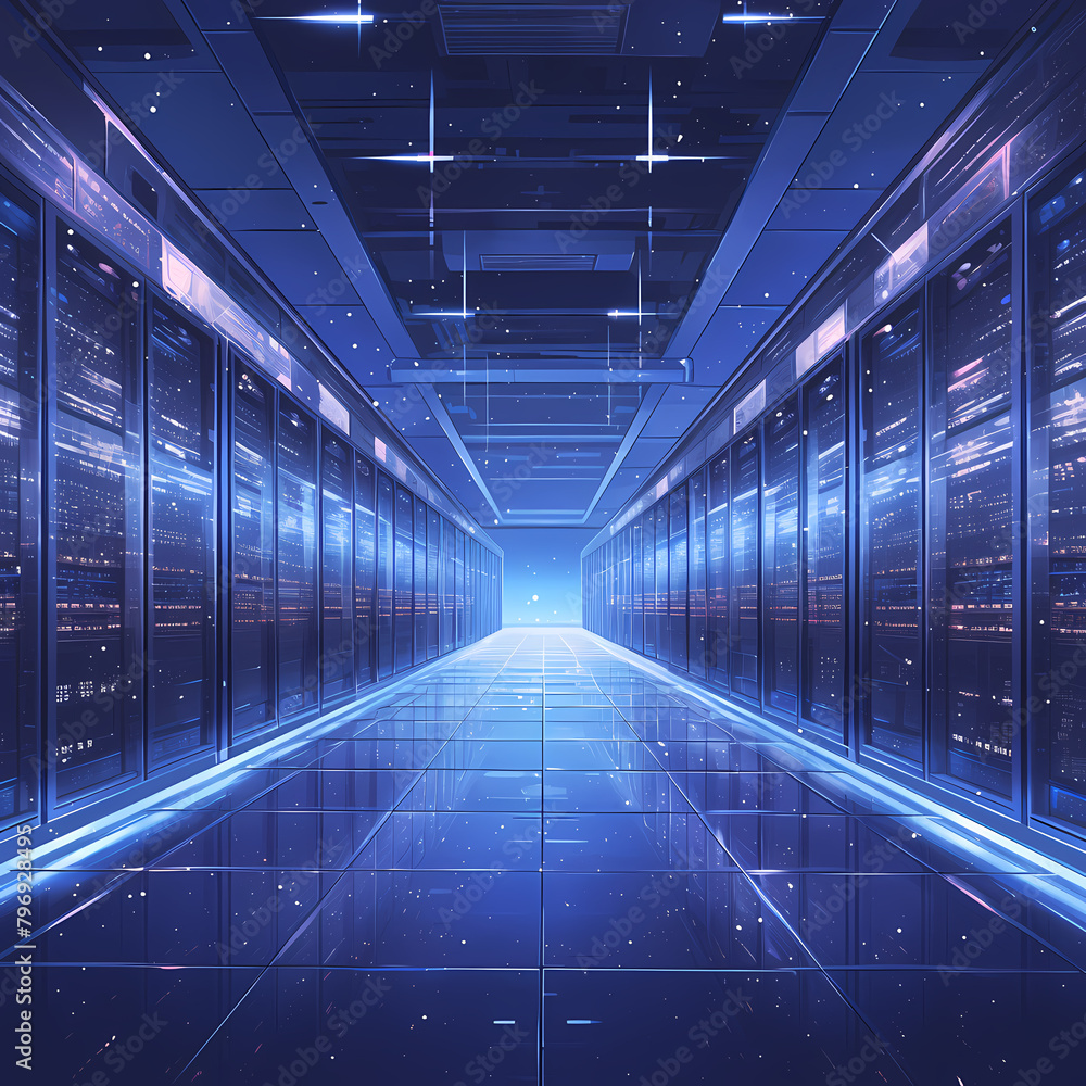 Bright and Modern Data Center Facility with Vivid Blue Lighting - Perfect for Tech Marketing Materials