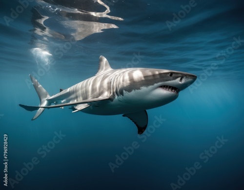 Underwater view of a great white shark swimming in the blue ocean  showcasing its powerful body and fins.
