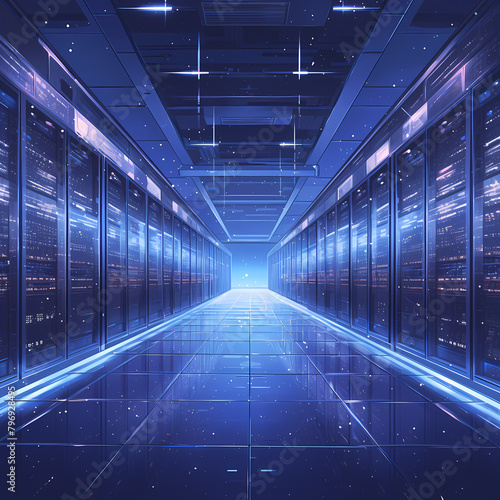 Bright and Modern Data Center Facility with Vivid Blue Lighting - Perfect for Tech Marketing Materials