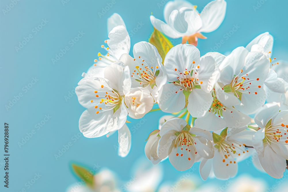 A cluster of delicate cherry blossoms against a clear blue sky, creating a serene atmosphere.