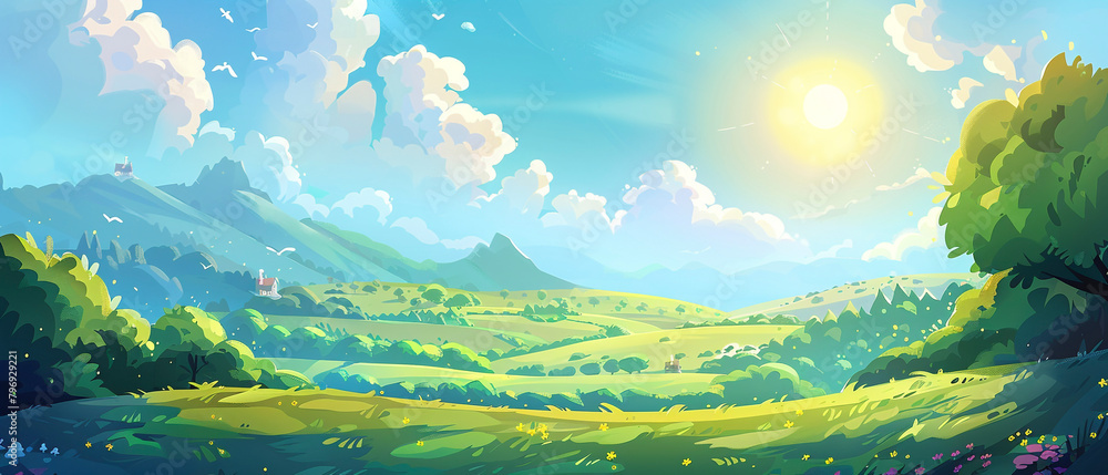 Anime style illustration of summer sky and grasslands for mobile game background