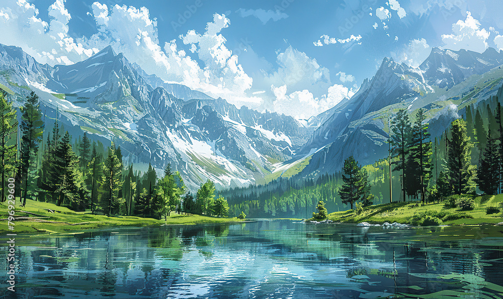 An artistic depiction of majestic mountains overlooking a tranquil lake. Generate AI