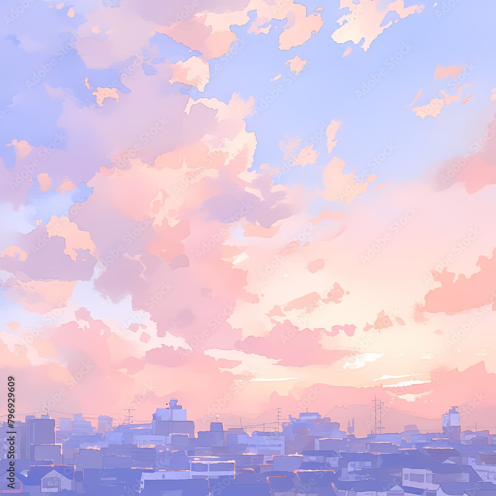 A serene city skyline set against a picturesque pink and blue sunrise, beautifully rendered in an aquarelle art style, ideal for a postcard-like backdrop.