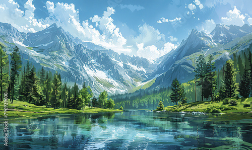 An artistic depiction of majestic mountains overlooking a tranquil lake. Generate AI