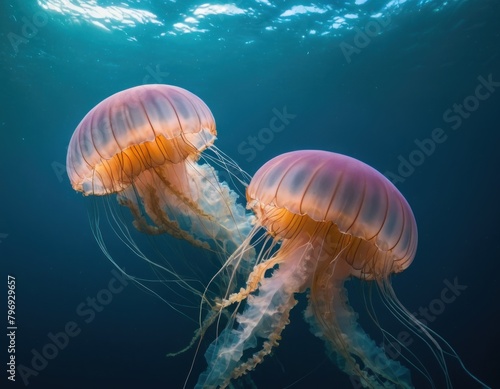 Two jellyfish swimming gracefully in clear blue ocean water with a rocky seabed below. © Liera