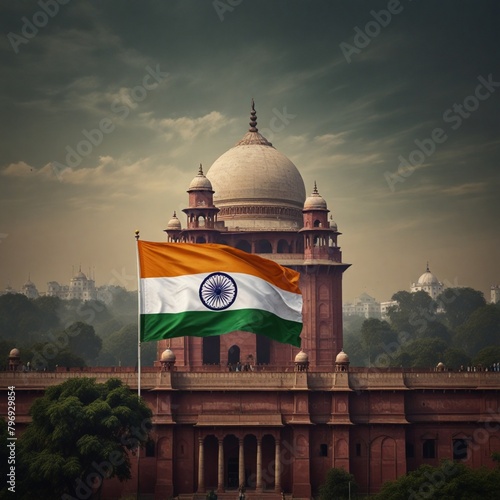 india independence day theme with picture of indian capital new delhi along with realistic india flag