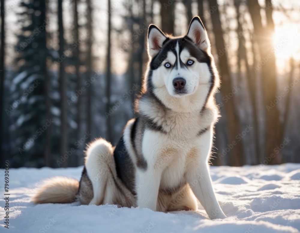 Siberian Husky dog with blue eyes lying in snow, looking to the side.