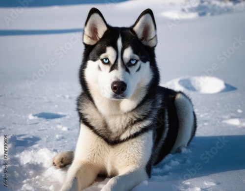 Siberian Husky dog with blue eyes lying in snow, looking to the side. © Liera