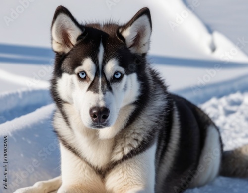 Siberian Husky dog with blue eyes lying in snow  looking to the side.