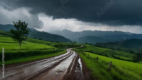 mountain road in the mountains, Curved dirt road in the countryside and green fields in the rainy and stormy season