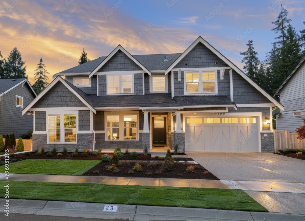 Exterior view of a beautiful house with architectural details, inviting entrance, and landscaped surroundings, perfect for real estate and home design concepts