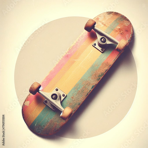 A retro-inspired underside of a skateboard adorned with colorful stripes, set against a beige background, reminiscent of vintage skateboarding culture.