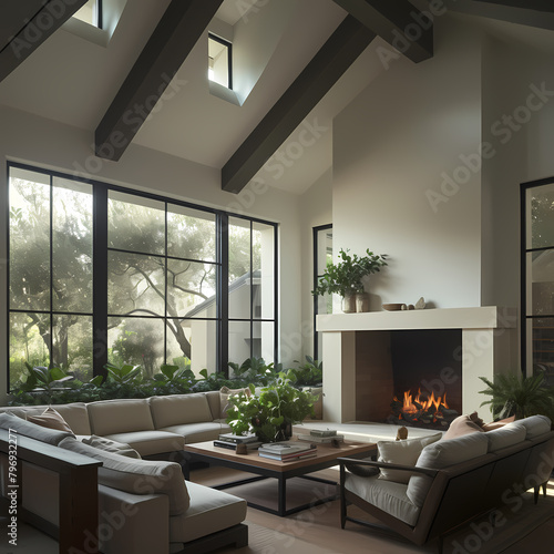 Warm and inviting open-plan living space featuring a fireplace, comfortable seating, and an abundance of potted plants.