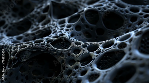 Abstract 3D rendering of a porous surface with a honeycomb-like structure. The surface is dark and has a metallic sheen. photo