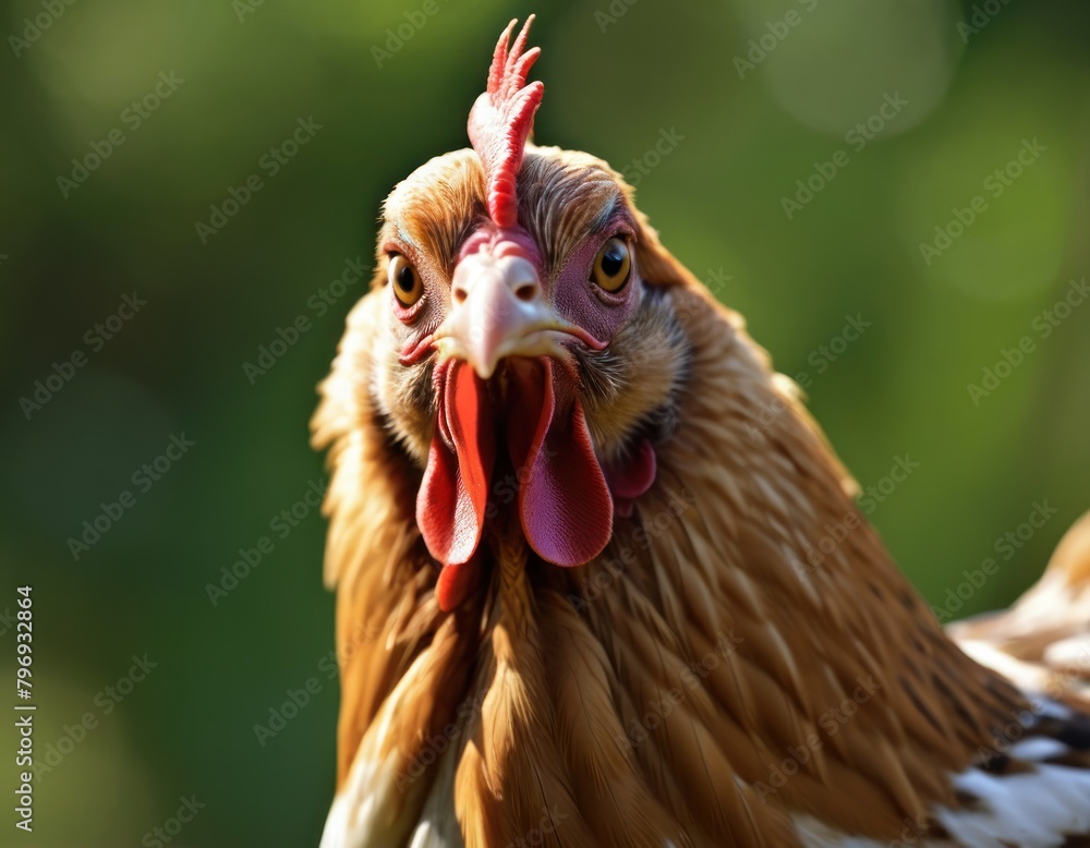 Close-up of a brown hen with a focused gaze, against a blurred green background.