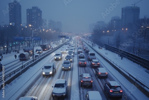 Snow-covered evening traffic in a city with vehicles on the road and streetlights on.
