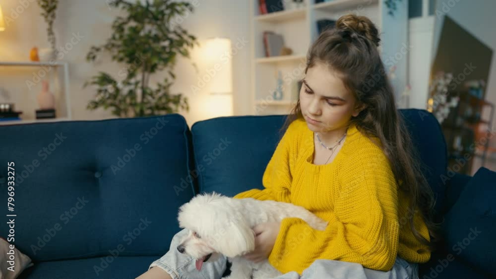 Upset teenage girl petting and hugging her fluffy puppy for emotional support Upset teenage girl petting and hugging her fluffy puppy for emotional support