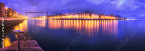 panoramic view from Las Arenas, Getxo, La Ria, the Hanging Bridge, Portugalete and Santurce just before sunrise in blue hour photo