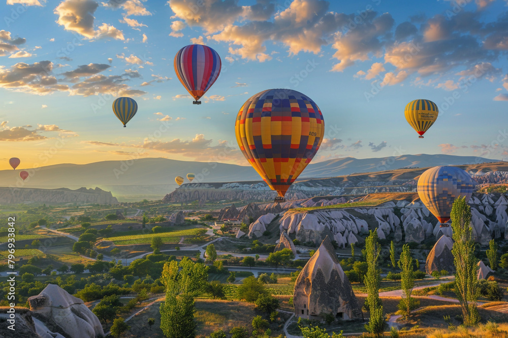 A cluster of colorful hot air balloons floating above a picturesque landscape