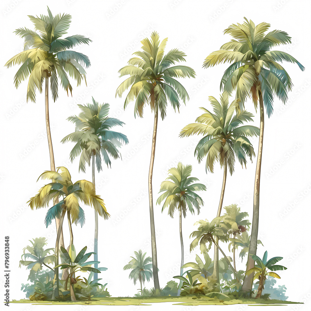 Vibrant and Detailed Illustration of a Palm Tree Filled Beach Paradise