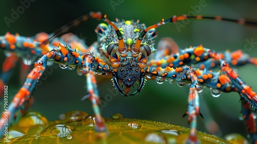 A stunning macro photo of a colorful insect with water droplets on its body. © Nijat