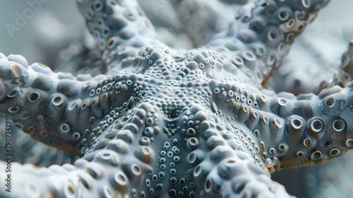 A close-up of a starfish with a unique texture. The starfish is white and has a bumpy surface with small holes.