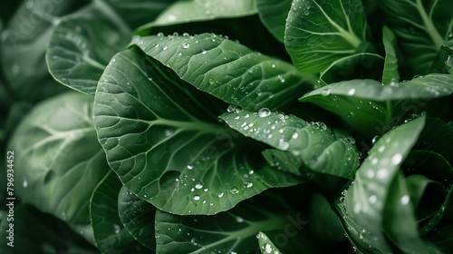 Close-up of green leaves with water drops. The image is taken in a natural light. The leaves are fresh and have a vibrant green color. photo