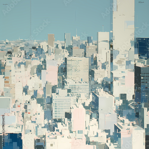 Uncover the Artistic Splendor of a Dazzling Downtown Metropolis in this Stunning Abstract Painting. Explore the Heart of Urban Life with its Skyscrapers and Architectural Marvels!