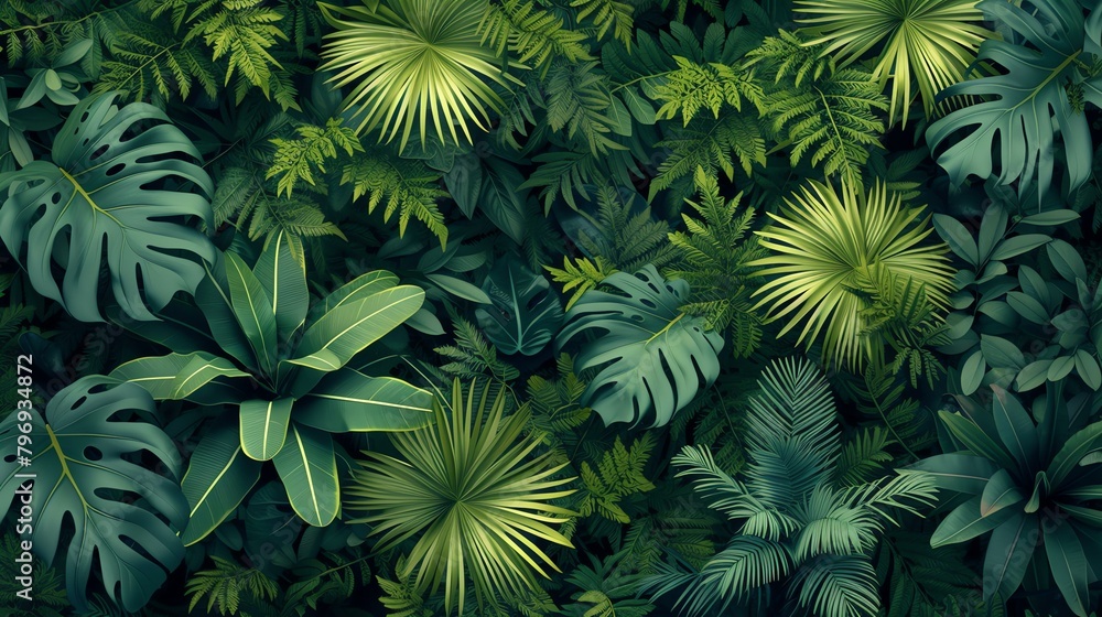 A lush tropical rainforest with a variety of green leaves and plants.