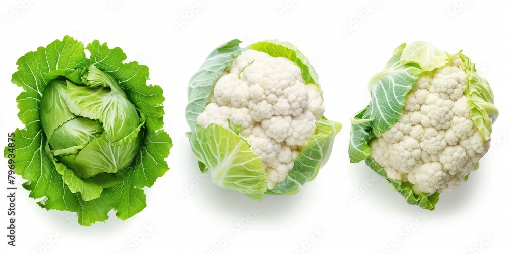 Collection of fresh cauliflower with green leaves. broccoli, cauliflower, Brussels sprouts, and kale Collection of fresh cauliflower with green leaves. broccoli, cauliflower, Brussels sprouts, and kale