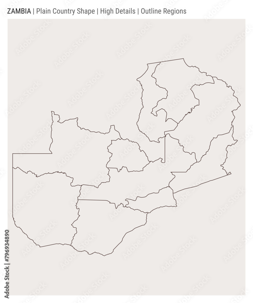 Zambia plain country map. High Details. Outline Regions style. Shape of Zambia. Vector illustration.
