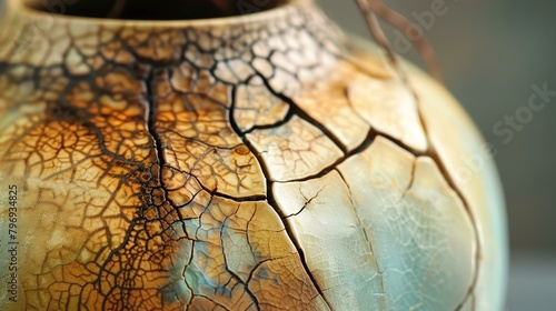 Amazing close up of a ceramic vase with a crackled glaze. The rich colors and textures of the vase are brought to life in this stunning photograph.