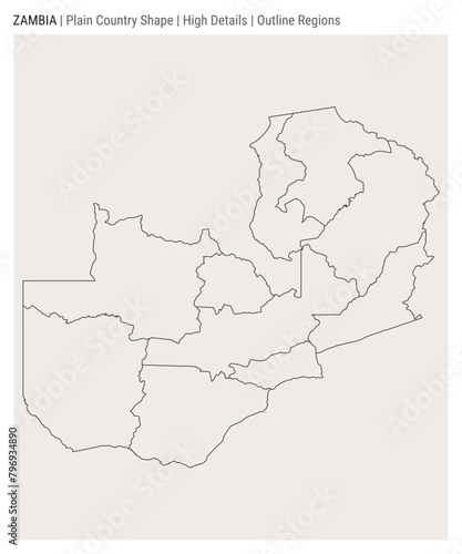 Zambia plain country map. High Details. Outline Regions style. Shape of Zambia. Vector illustration.