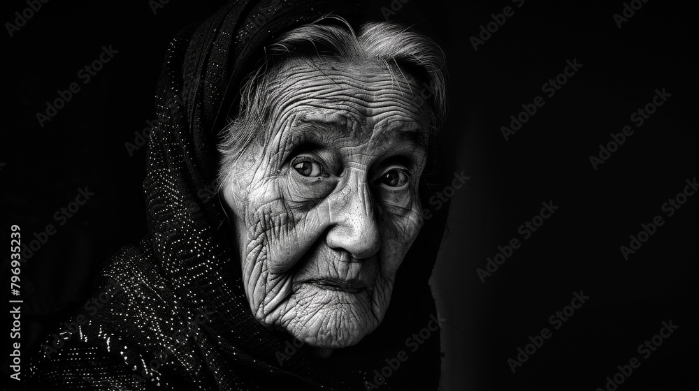 Wisdom in Monochrome: Portrait of an Elderly Woman. Generative AI