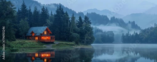 Tranquil lakeside cabin at dusk