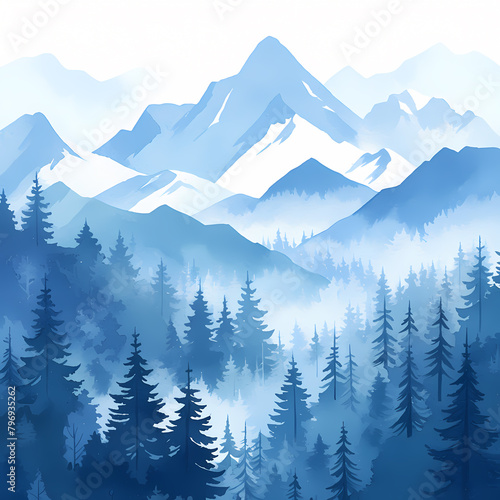 Ethereal Blue Illustration of a Snowy Summit Amidst Thick Trees and Fog