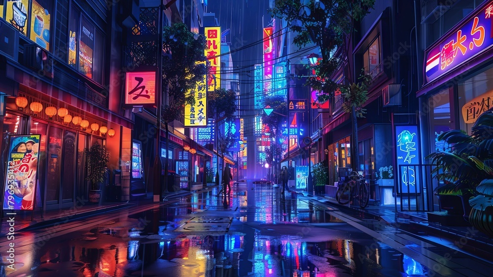 Neon Lit Alleyways in Vibrant Tokyo Cityscape with Anime Inspired Architecture