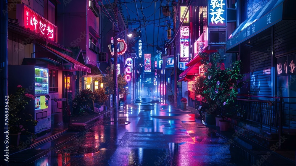 Neon lit streets and anime inspired architecture in the vibrant nightlife of Tokyo s urban district