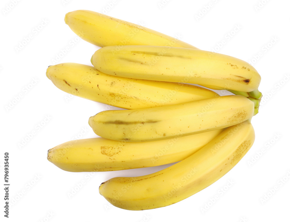 Group yellow bananas isolated on white, top view, 
