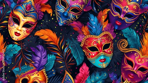 Colorful Mardi Gras masks seamless pattern. Perfect for a festive background or wrapping paper.