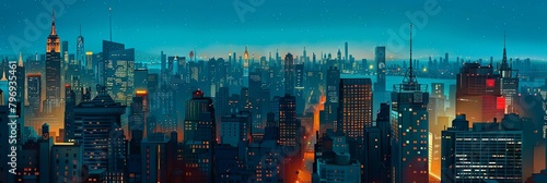 New York City Skyline at Night with Illuminated Skyscrapers and Vibrant Cityscape photo