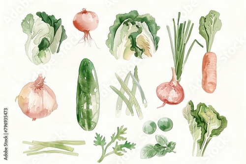 Cute hand drawn set of simple vegetable elements. Collection of kana, Chinese cabbage, onions, cilantro, chilies and various types. Vector illustration white background