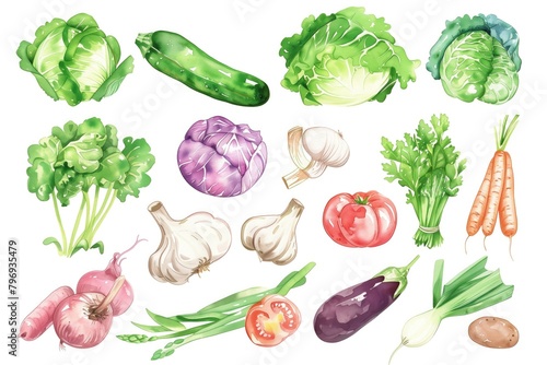 Cute hand drawn set of simple vegetable elements. Collection of kana, Chinese cabbage, onions, cilantro, chilies and various types. Vector illustration white background