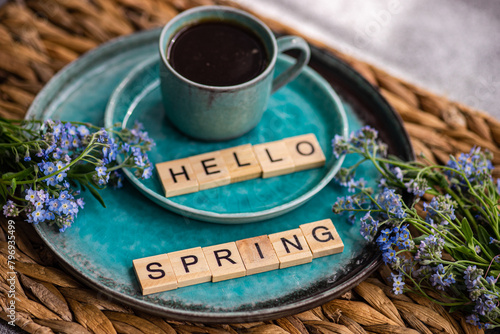 Hello Spring Coffee Break with Forget Me Not Flowers photo
